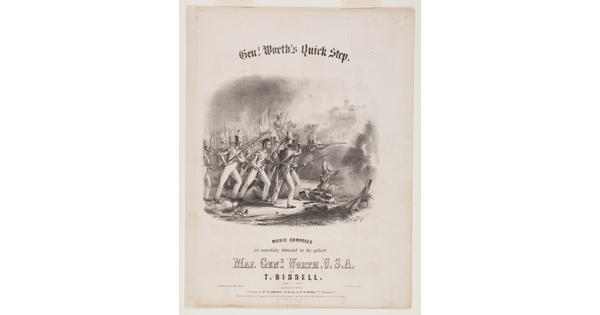 A black-and-white print illustration, the cover of a piece of sheet music, of a group of men charging into war.
