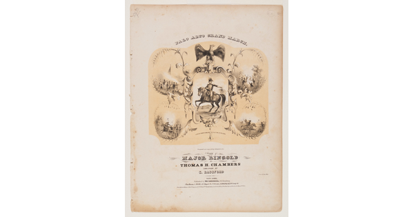 A sepia-toned print illustration, the cover of a piece of sheet music, of a man in military uniform on horseback surrounded by vignettes of his military endeavors.