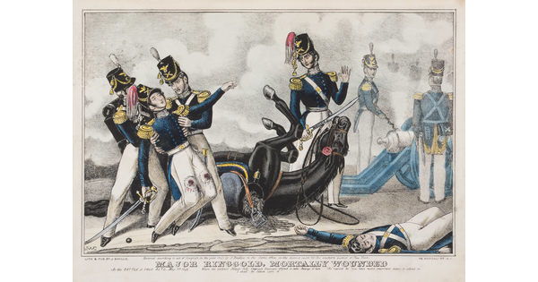 A color print of several soldiers in blue and white uniforms on a battlefield helping a wounded White man as his horse lays on the ground behind him.