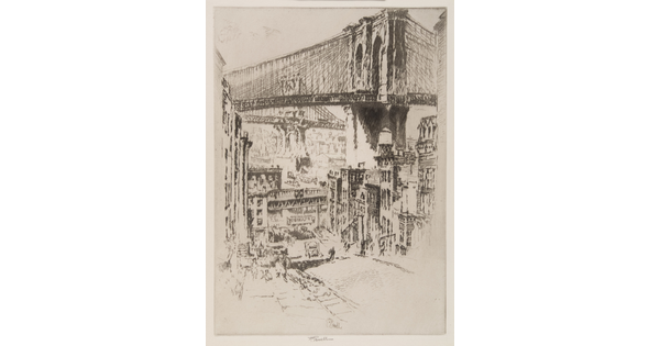 A black-and-white print of a cityscape below two suspension bridges.