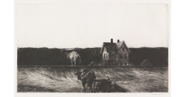 A black-and-white print of three cows walking through a field toward a three-story farmhouse in the background.
