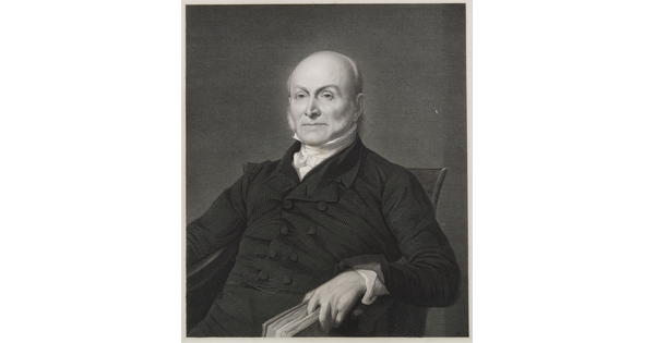 A black-and-white portrait print of an older, balding White man in formal dress sitting in a chair with a book in one hand. 