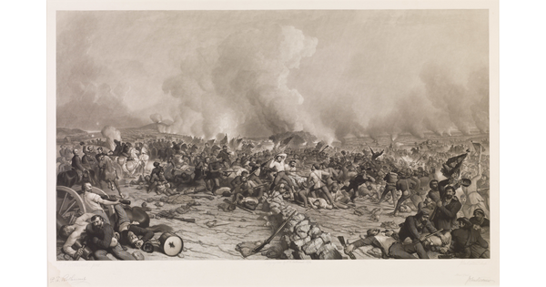 A black-and-white print of a Civil War battle with cannon fire, smoke, and male figures fighting with guns.