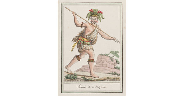 A color print of an Indigenous man wearing a headdress, face paint, belted tunic, garters and holding a spear in his hands.
