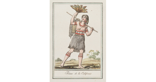 A color print of an Indigenous woman wearing a necklace, arm bands, belted skirt, garters and holding a feathered fan in her hand and a bag on her back.
