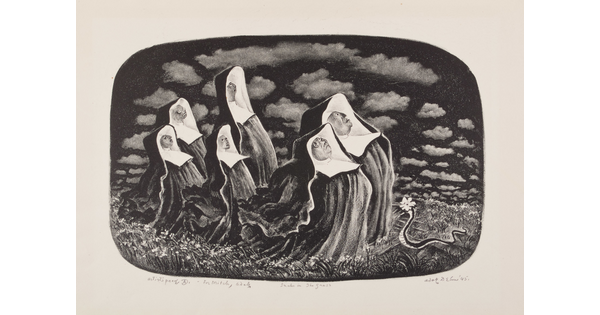 A black-and-white print of six stylized nuns in full habit looking up at a cloudy sky as a snake slithers in the grass in front of them.
