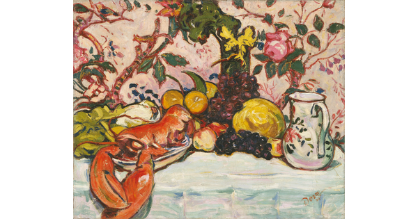 An oil painting of a lobster, fruit, and a pitcher on a white-clothed table against a wall with a busy floral pattern.