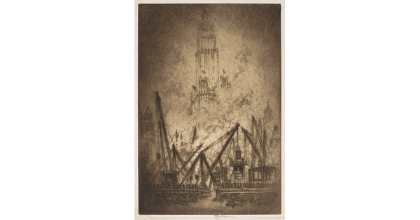 A sepia-toned print of construction equipment and a skyscraper rising out of fog.
