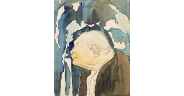 A watercolor profile portrait of an older, bald White man in a brown jacket in front of a blue, gray, and white background.