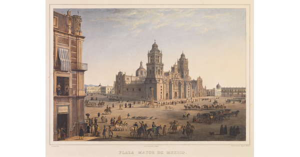 A color print of a busy city square with an ornate cathedral at the center.