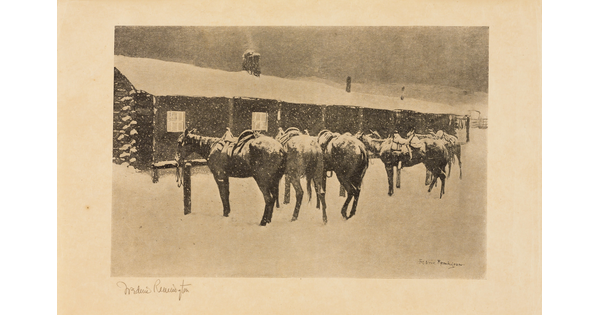 A black-and-white print of horses tethered outside a long log building in the snow.