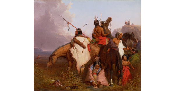 An oil painting of a Native American family with their horses.