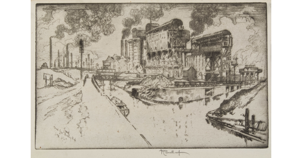 A black-and-white print of an industrial complex with many smokestacks and outbuildings on a canal.