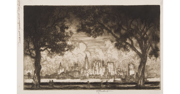 A black-and-white print of a city skyline from the opposite shore of a tree-lined river.