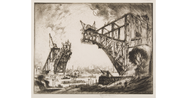 A black-and-white print of an arched truss bridge under construction.