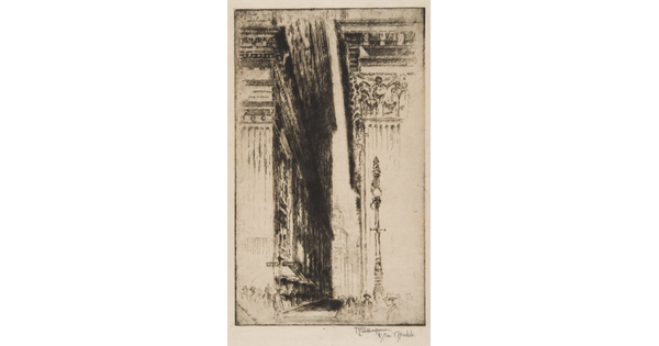 A black-and-white print of two decorative quoins, or building corners, creating a narrow alley between them.