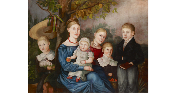 An oil painting of five White children, including a baby, and a White woman posed in front of a forest-like background.