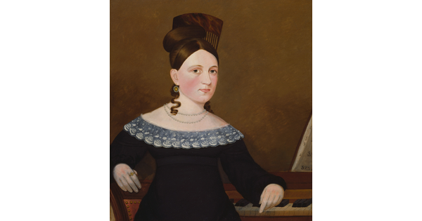 An oil painting of a seated White woman, hair pulled on top of her head, wearing a black dress with a lace collar leaning against a piano.