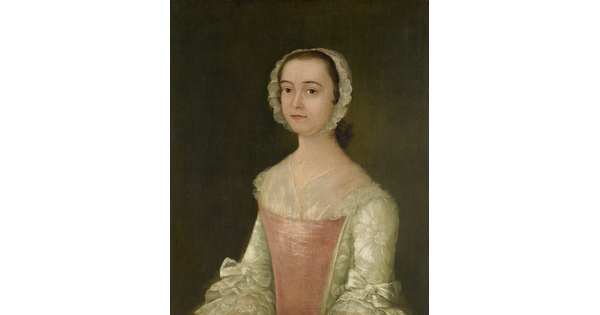 A oil portrait of a fair-skinned, young woman in a white and pink dress, wearing a lace bonnet on her head.