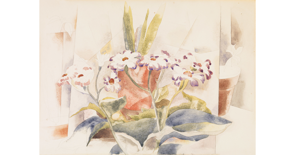 A watercolor of flowers and plants painted as if seen through a prism.