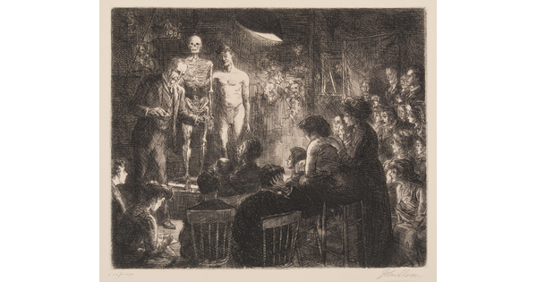 A black-and-white print of two White men, one nude, on a dais next to a human skeleton; the clothed man is lecturing to a crowded room.
