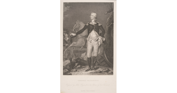 A black-and-white print of a White man in an early American military uniform, sword hanging from one side, standing on a beach littered with war accessories in front of a rearing horse.