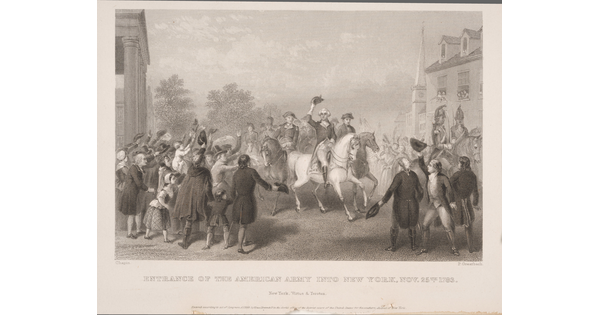 A black-and-white print of George Washington on horseback being cheered on by a crowd.