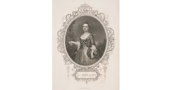 A black-and-white print portrait, framed in an oval with filigreed border, of a young light-skinned woman in an elaborate Colonial-era dress.