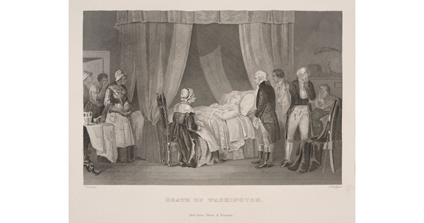 A black-and-white print of group of people, including a seated woman, surrounding a pale man lying in a canopied bed.