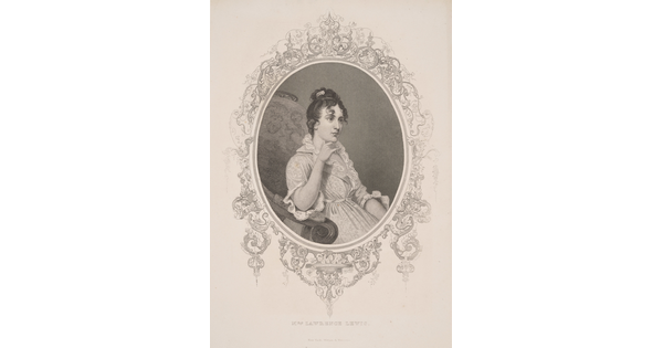 A black-and-white print portrait of a seated White woman in formal Colonial dress in an ornately decorated oval frame.