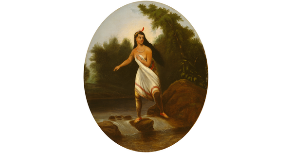 An oval-shaped oil painting of a young American Indian woman with long black hair, wearing a tunic, standing on rocks in the middle of a rushing stream.