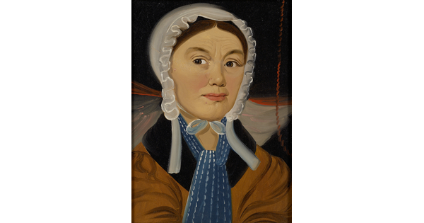 A portrait oil painting of a White woman from the chest up wearing a ruffled white bonnet and blue scarf.