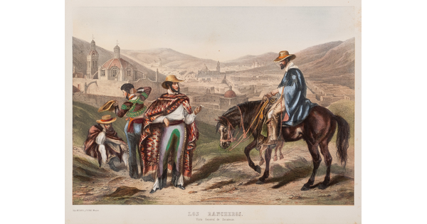 A color print of four figures, one on horseback, all wearing bright colors and wide brimmed hats, on a hill overlooking a town.