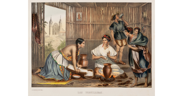 A color print of three women making tortillas inside of a wood structure and a man eating from a bowl in the background.