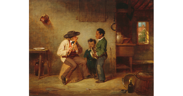 An oil painting of an interior scene with an older White boy playing a flute for two young Black children.