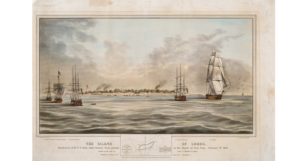 A color print of several large ships at sea and an island with small boats just off its coast in the background. 