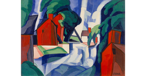 A geometric-style painting of bright red houses and lofty green trees arranged on either side of a wide, blue swath of color.