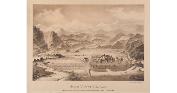 A sepia-toned print of a farmer working in a field, a farm and house surrounded by mountains, streams, and railways.