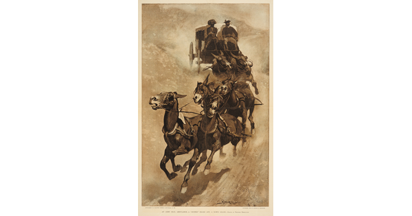A black-and-white print of a horse-drawn wagon careening downhill as the horses lose control.