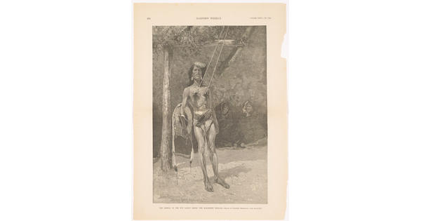 A page from a magazine with a black-and-white illustration of an Indigenous man, wearing a loincloth, attached ropes from piercings through his nipples.