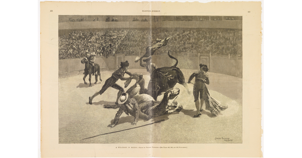 A black-and-white print of bullfighters surrounding a bull that is charging a horse and its rider, both of whom are on the ground.