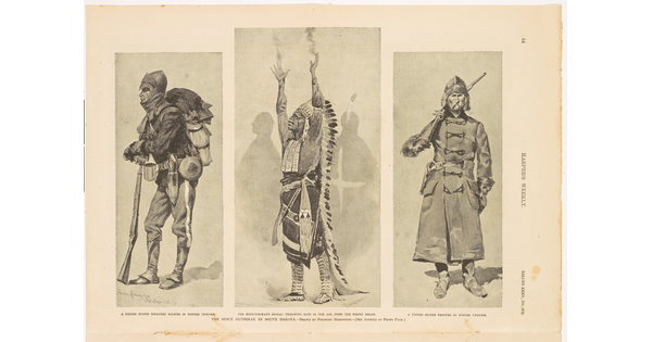 A page from a magazine with three black-and-white illustrations of (L-R) a soldier dressed in winter clothing, an Indigenous man in a headdress with arms raised, and a soldier in a long coat with a rifle over his shoulder.