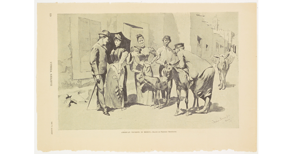A page from a magazine with a black-and-white illustration of a well-dressed man and two women talking with two men who are handling burros.
