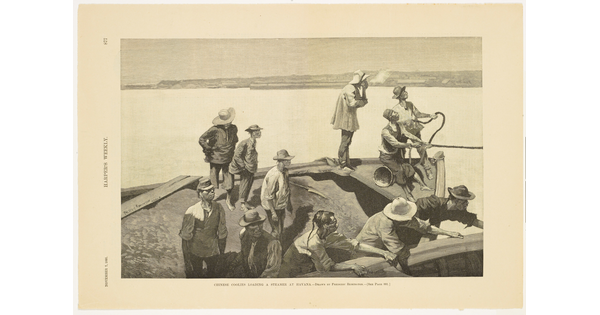 A page from a magazine with a black-and-white illustration of figures on a boat engaged in work.