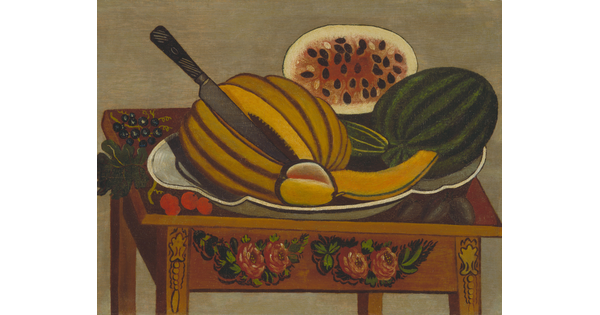 An oil painting of a plate of watermelon, cucumber, and a cut cantaloupe on a wood table painted with floral motifs.
