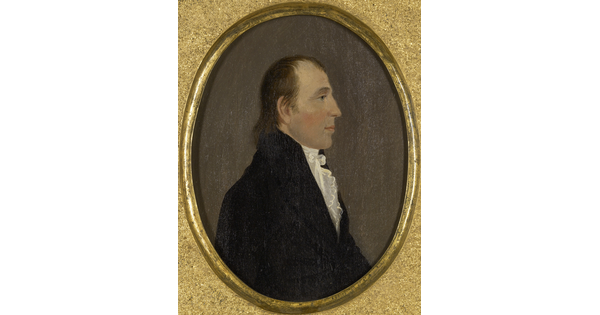 An oil painting portrait of a balding White man in profile wearing a white ruffled shirt under a black coat.