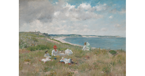 An oil painting of White women and children having a picnic on a bluff overlooking the sea on a partially cloudy day.