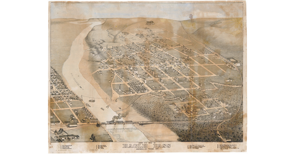 A yellowed hand-painted print of an aerial view of Eagle Pass, Texas.