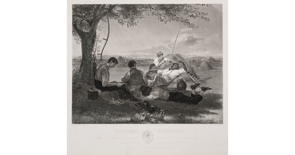 A black-and-white print of farm workers taking a rest under a shady tree and in a nearby haystack.