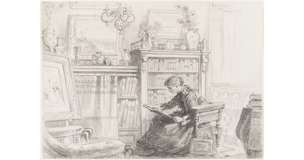 A graphite drawing of a young woman seated in a home library reading a book.